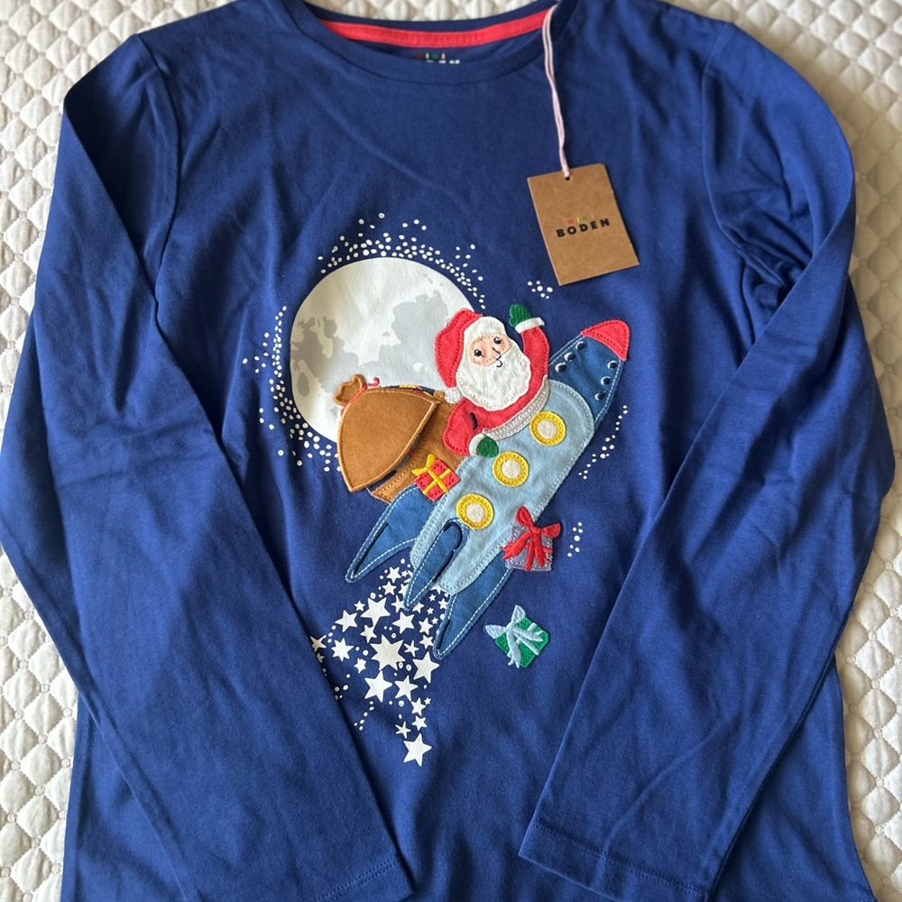 Boden Kids Long Sleeve Shirt with Santa Rocket Design